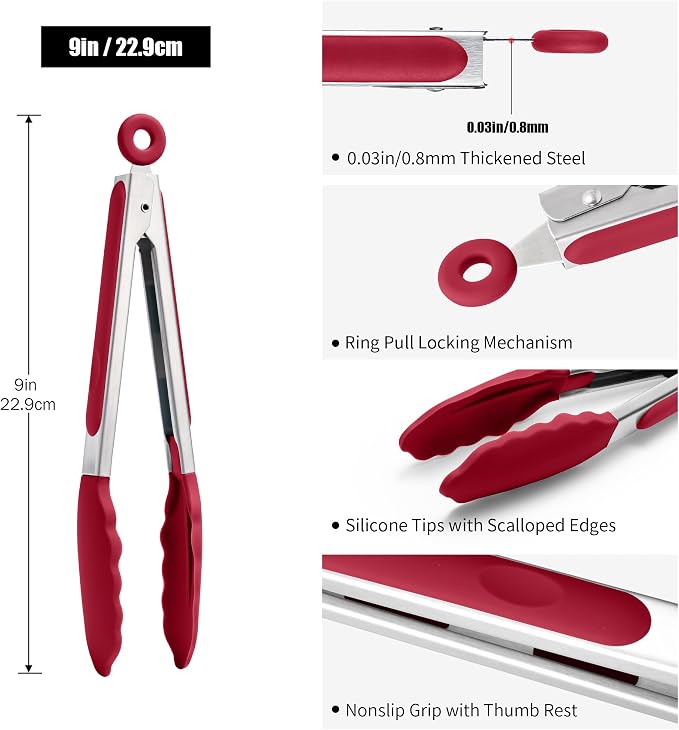Doosu Kitchen Tongs with Silicone Tips for Cooking Serving (9in, Red) | 600°F Heat Resistant Food Tong, Heavy Duty Stainless Steel Locking Tong for BBQ, Grilling Steak, Salad, Toast, Pasta