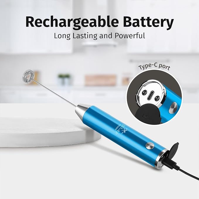 Zulay Kitchen Rechargeable Milk Frother Handheld - Frother Wand, Drink Mixer, Electric Whisk Frother, for Cappuccinos, Matcha & Protein Powder - Lux Double Whisk 2 Speed Waterproof 2000mAh Blue