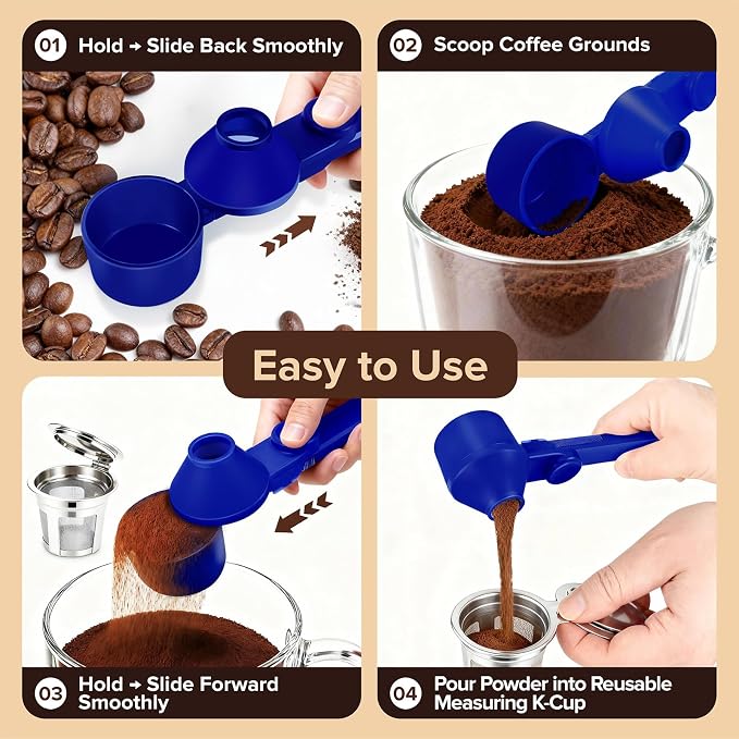 Coffee Scoop & Funnel for Reusable K Cup, 2Pcs Tamper, 2Tbsp Dose for Pods | 2 Unique Models A&B, Mess-Free Anti-Spill Design, Sliding Leveler, Comfort Long Ergonomic Handle