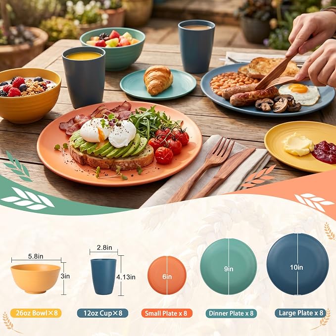 PYRMONT 40 PCS Wheat Straw Plates and Bowls Set Unbreakable Dinnerware Set Dishes for 8-Plate Sets,Cups Set,Microwave & Dishwasher Safe Bowls Set for Party,Family Gathering,RV-Multi