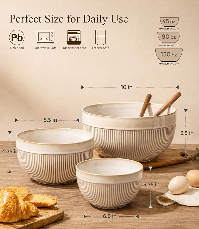 GBhome Ceramic Mixing Bowls Set of 3, Stoneware Nesting Serving Bowls | 45/90/150 oz For Prep, Baking, Serving, Gift, Microwave and Dishwasher Safe, Ribbed Dishware Collection,Cappuccino
