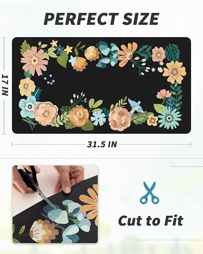 AMOAMI Coffee Mat Hide Stain Rubber Backed Absorbent Dish Drying Mat for Kitchen Counter - Fits Under Coffee Maker or Machine - Floral BLACK 17x31.5