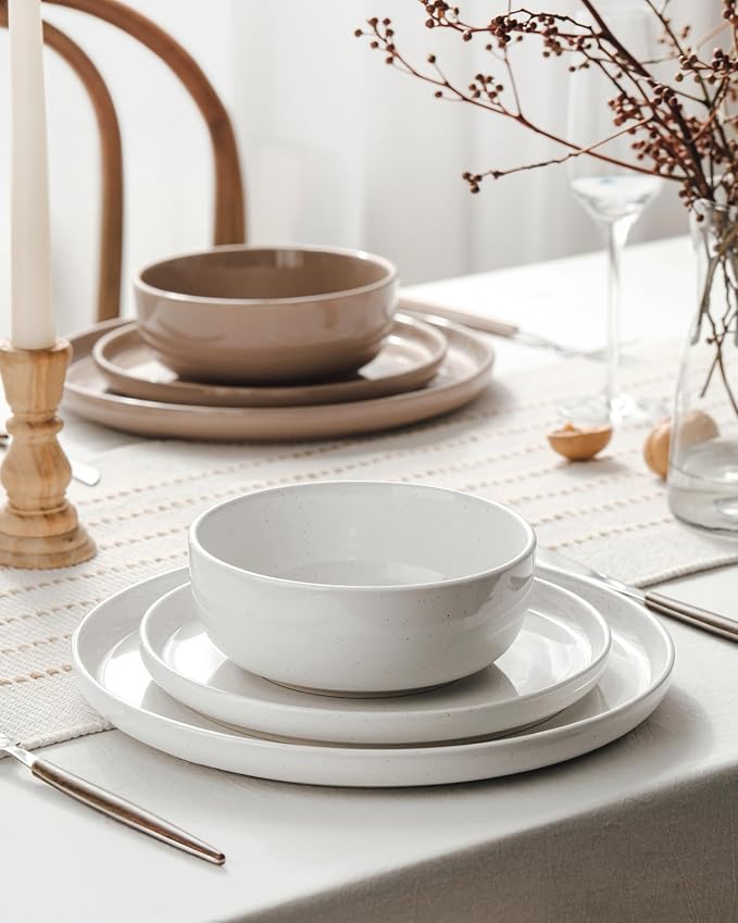 Famiware Milkyway 12-Piece Stoneware Dinnerware Set, White & Cinnamon Brown | Plates and Bowls for 4, Dishes Set for Everyday & Formal Use, Microwave & Dishwasher Safe, Chip & Scratch Resistant
