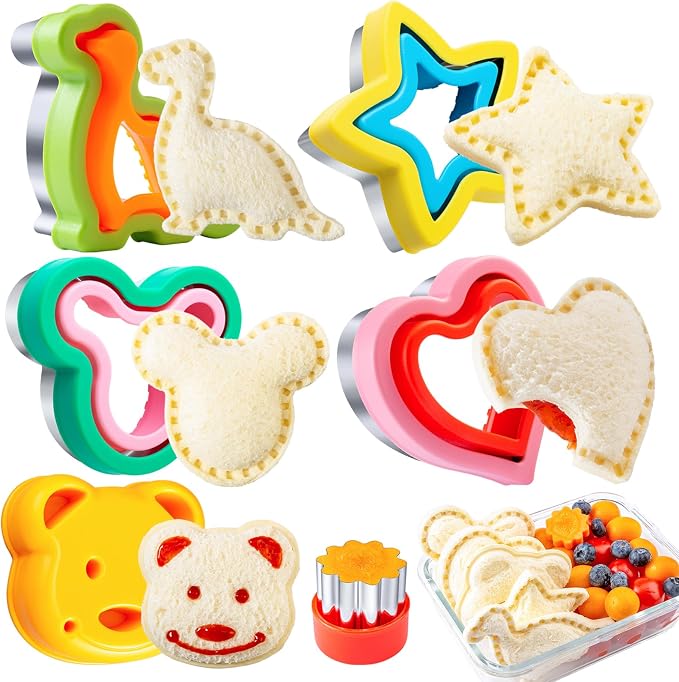 Sandwich Cutters for Kids Lunch LARGE 6 Pcs | Sandwich Maker, Cookie Cutters Set, Stainless Steel, Dinosaur Mouse Heart Star Bear