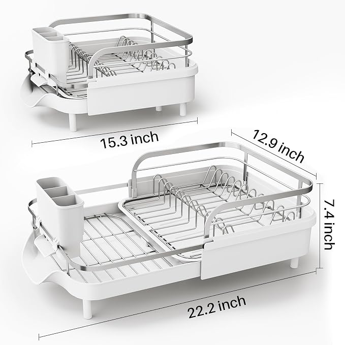 SAYZH Expandable Dish Drying Rack for Small Kitchen Counter, White | Stainless Steel, Protective Guardrail, Angled Drainboard, Fits High-Rim Sinks, Removable Utensil Holder