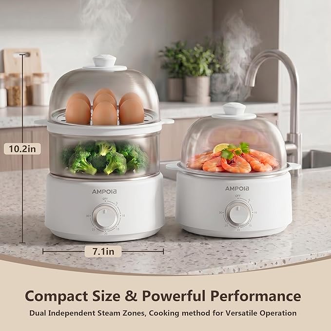 14 Eggs Electric Egg Cooker, 350W Rapid Egg Boiler with 30-Min Timer & Auto Shut-Off, Stainless Steel, Dishwasher Safe for Soft, Medium, Hard Boiled, Steamed Eggs, Vegetables & Seafood, White