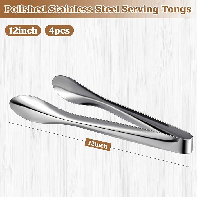 4 Pack Polished Stainless Steel Serving Tongs 12 Inch Metal Food Silver Tong for Buffet Salad BBQ Grilling Heavy Duty Kitchen Utensils for Cooking Catering Wedding Party