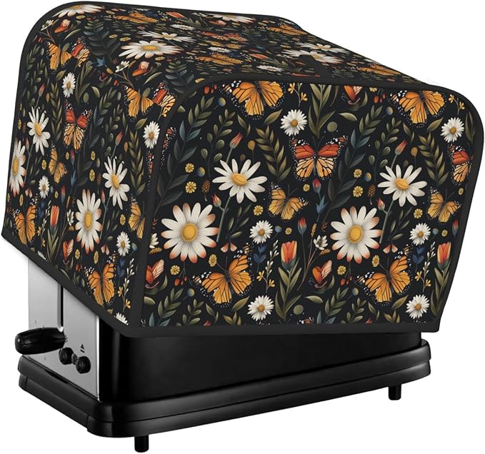 4 Slice Toaster Cover Vintage Butterfly Daisy Leaf Dust Proof Washable Kitchen Appliance Cover with Pocket, Oxford Fabric Countertop Toaster Protector for Standard Toasters Small Appliances