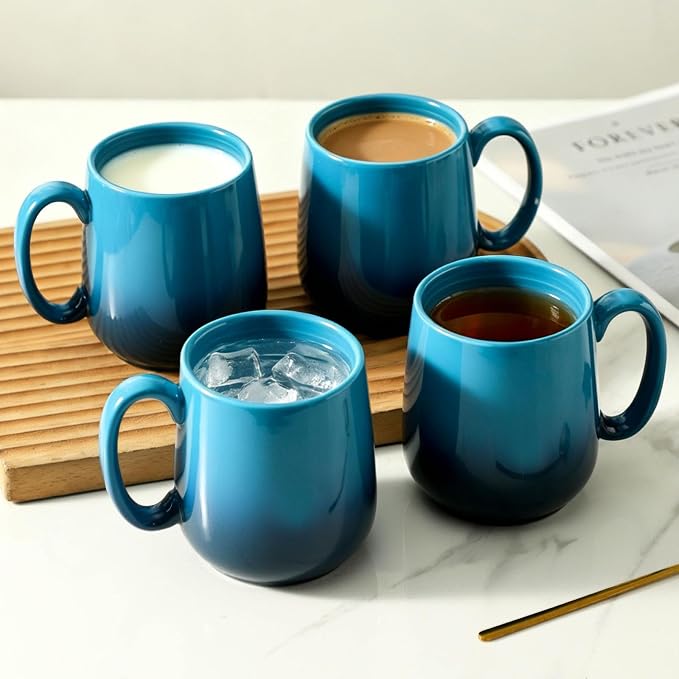 HASENSE 15oz Large Ceramic Mug Set, 4-Piece Blue Ombre Coffee Cups with Handle – Microwave & Dishwasher Safe for Cappuccino Latte Tea, Housewarming Present