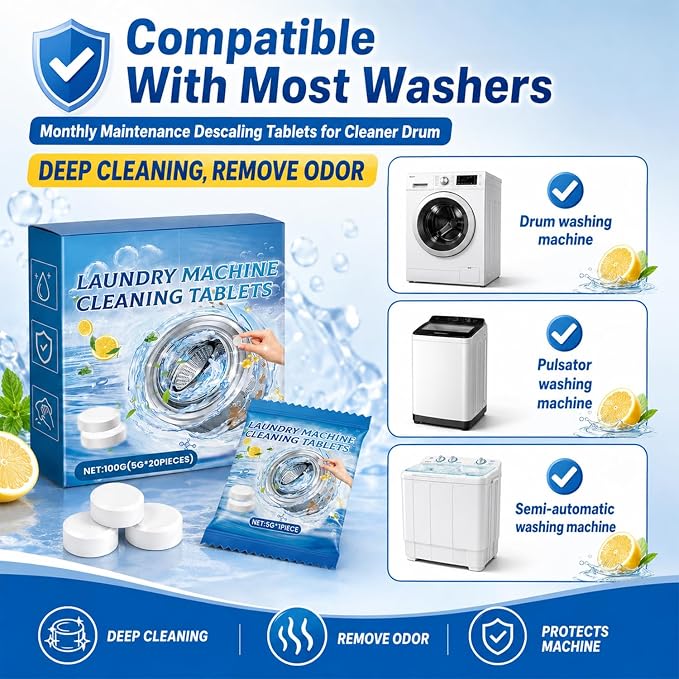 Washing Machine Cleaner Tablets 20 Count for Odor & Residue Buildup, For Front Load, Top Load & He Washers, Monthly Maintenance Descaling Tablets for Cleaner Drum