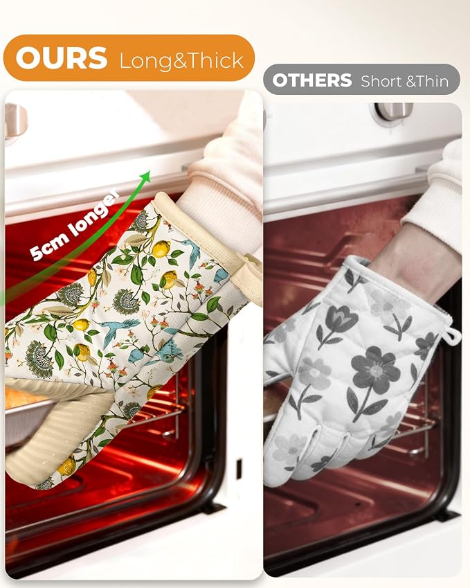 100% Thick Cotton Mini Oven Mitts Silicone Grip Lemon & Birds | Elegant Classic Oven Mitts for Women, Machine Washable, Non-Slip, Reversible Design Fits Both Hands, Stylish Kitchen Decor