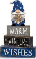 Lineshading 4 Pcs Winter Gnome Wooden Sign Blue Tiered Tray Decor Farmhouse | Stackable Warm Winter Wishes Blocks, Rustic Wood Finish, Season-long Centerpiece for Kitchen Shelf and Mantel Display