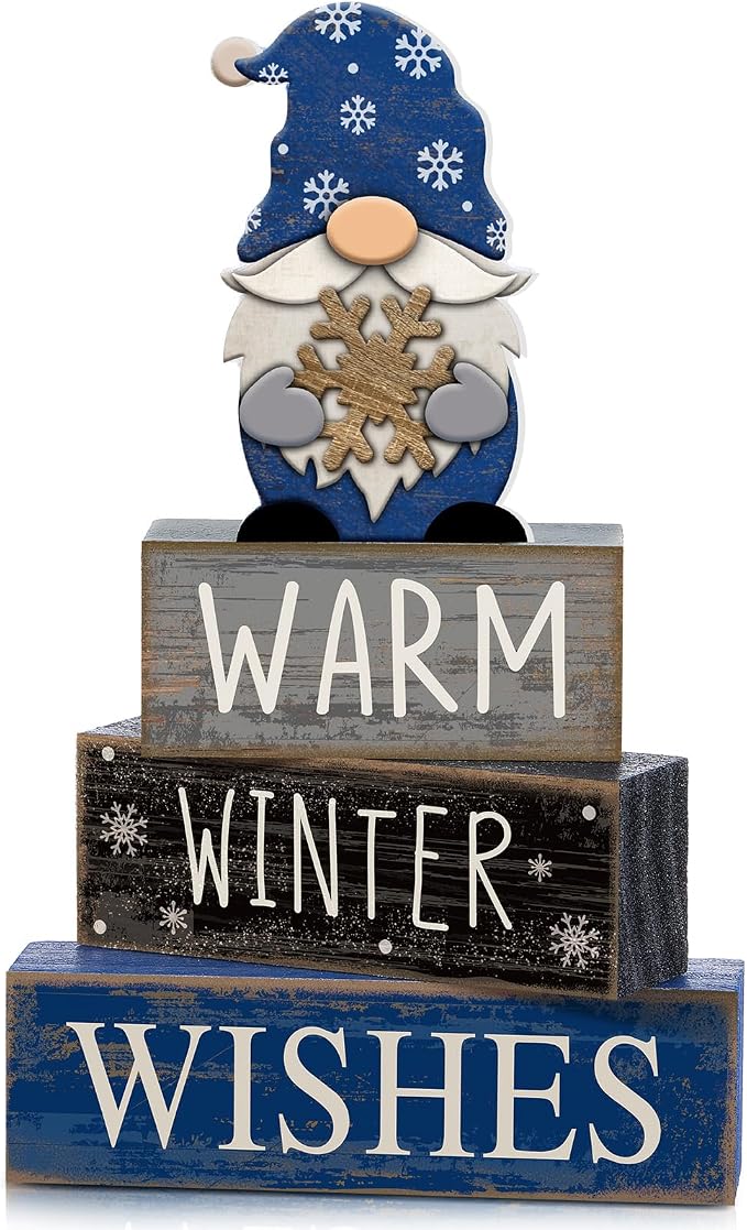 Lineshading 4 Pcs Winter Gnome Wooden Sign Blue Tiered Tray Decor Farmhouse | Stackable Warm Winter Wishes Blocks, Rustic Wood Finish, Season-long Centerpiece for Kitchen Shelf and Mantel Display