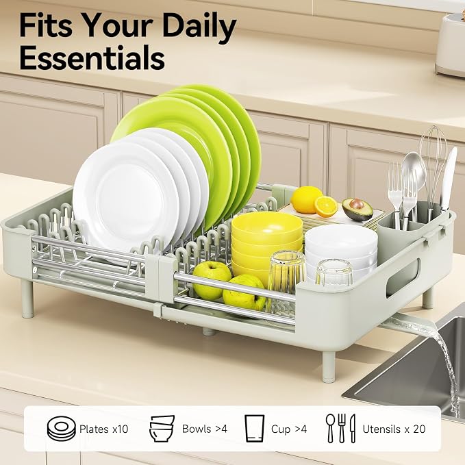 Urackify Extendable Stainless Dish Drying Rack for Kitchen Counter | 13.78"W x 18.7"L, Foldable Drainboard for Space Saving, Knife and Utensil Holder, Fast-draining Spout, Soft Celery Green