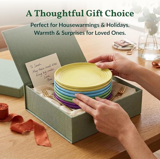 Mini Appetizer Plates 5.7-inch Wheat Straw Plates Set of 8 - Unbreakable Small Dessert, Snack, Salad Plates - Dishwasher Safe - Vibrant Memphis Colors
