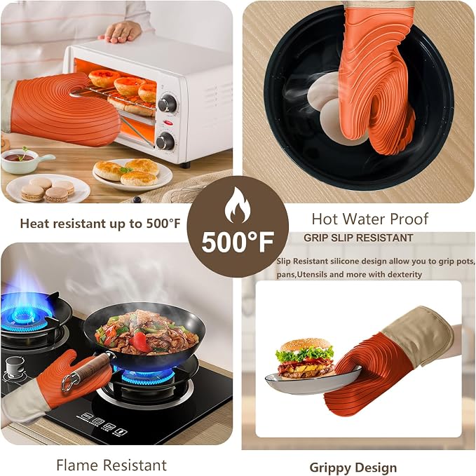 Silicone Oven Mitts-13.6 in Extended Oven Mitts Heat Resistant 500F, Oven Gloves with Soft Liner Good Grippy BPA-Free Easy to Clean Flexible-Oven Mits Set for Cooking Baking Grilling BBQ