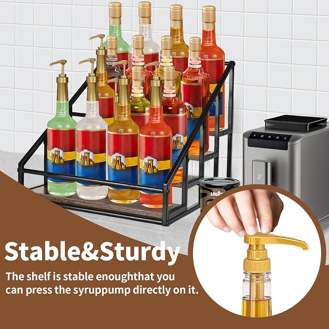 YQBRAO 2-Pack 4-Tier Coffee Syrup Organizer, 32-Bottle Total, Brown | Two racks hold up to 32 bottles total with stepped visibility for large coffee bars, kitchens, and beverage stations.