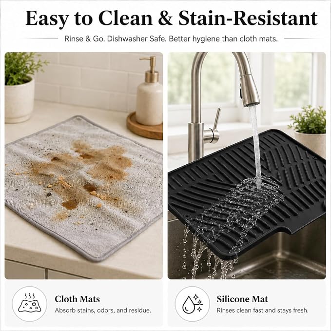 Silicone Dish Drying Mat for Kitchen Counter - Large Dish Drying Pad with Built-in Drain Lip, Heat Resistant Sink Drying Mat for Dishes, Cups and Cookware, BPA Free Black (15.8" x 13") | Raised ridges elevate dishes and create space for water to move a...