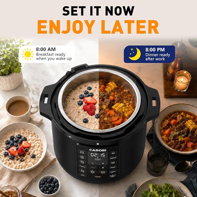 CARORI 8Qt 12-in-1 Electric Pressure Cooker, 1200W, Quick Meals, Time-Saving, Healthy, Easy Cooking Appliance, Slow,Rice,Steamer, Sauté, Yogurt Maker, Warmer & Sterilizer,Safer Venting Design, Black