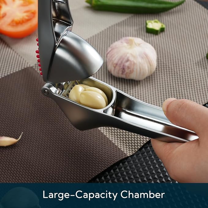 KITCHENDAO Heavy-duty Garlic Press with Built-in Scraper & Cleaning Pusher, No Peeling Garlic Crusher with Large Chamber, Zinc Alloy Garlic Mincer, Dishwasher Safe