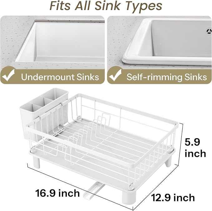 SNTD Dish Drying Rack for Small Kitchen Counter, 12.9" W x 16.9" L, White | Space Saving, Rotating Spout & Angled Drainboard for Quick Drainage, Stainless Steel, Removable Utensil Holder