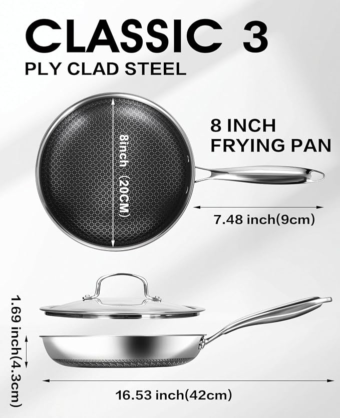 USELUCK Hybrid Non stick Frying Pans with Glass Lid, 8-Inch Frying Pan. | Stainless Steel Skillet with Honeycomb Surface,Oven-Safe,PFAS-Free,Compatible with All Cooktops.