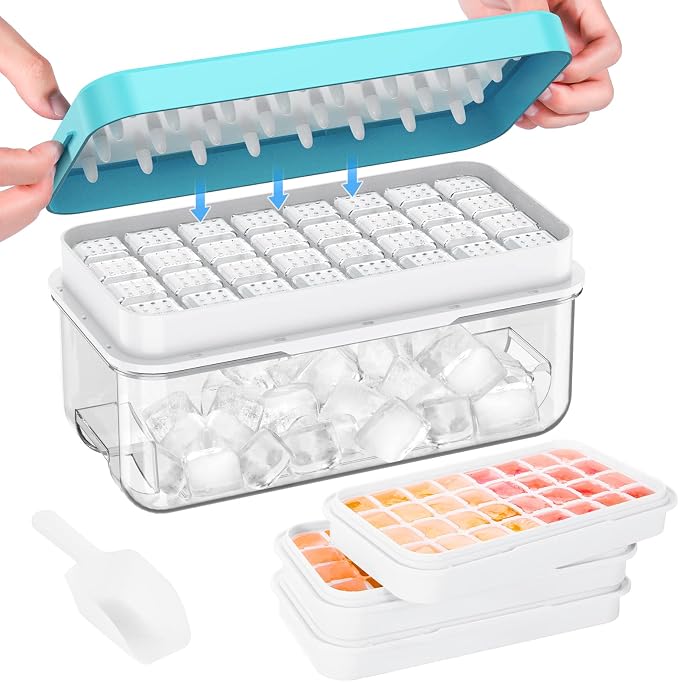 1" Ice Cube Tray with Lid and Bin, Easy Release 96 Cubes for Freezer | Food-grade BPA-free PP and ABS. 1" x 96pcs ice cubes for fruit whiskey, cocktails. Space-saving, stackable with scoop