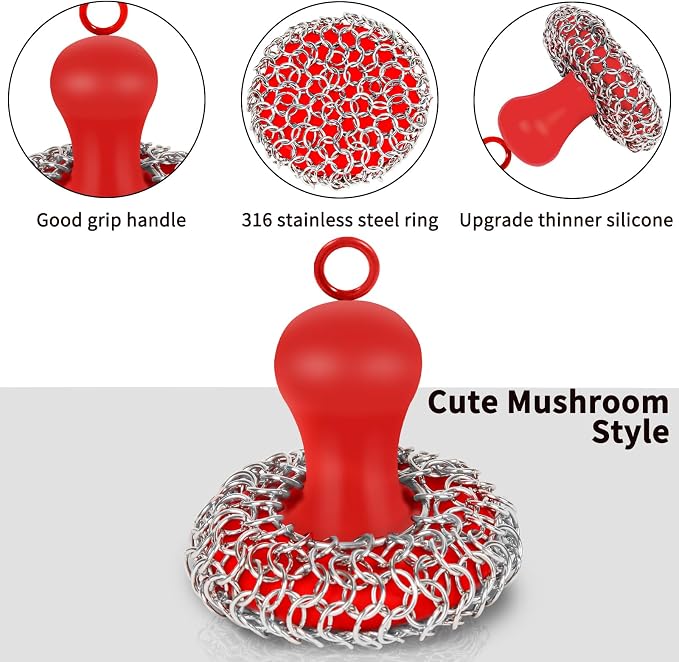 Cast Iron Cleaner Scrubber with Pan Scraper, Patented Chain Mail Scrubber | with Hanging Loop, Metal Chainmail Scrubber Sponge Scrub Brush Cleaning kit to Clean Pan Pot, Skillet, Grill, Dutch Oven, Wok