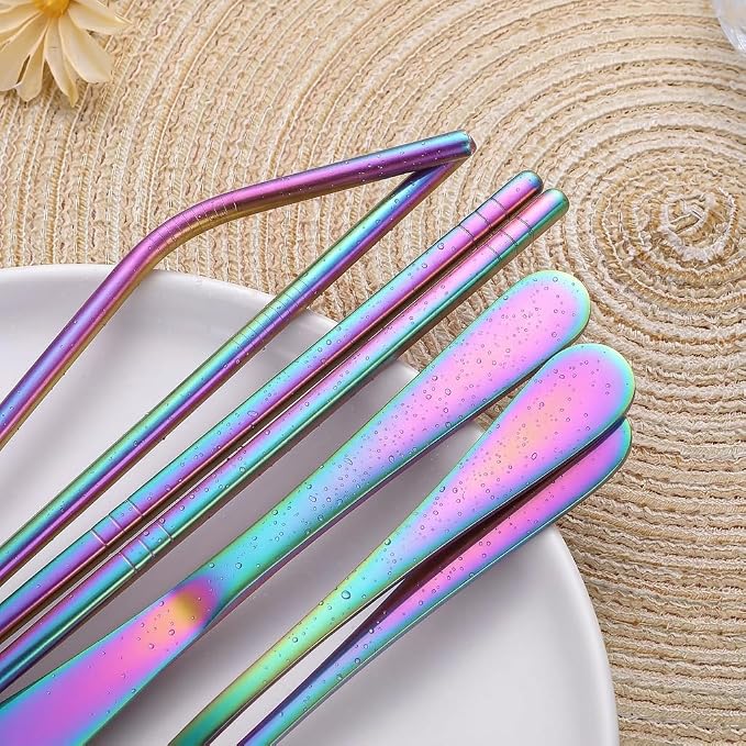 Portable Stainless Steel Flatware Set, Travel Camping Cutlery Set, Portable Utensil Travel Silverware Dinnerware Set with a Waterproof Case (Rainbow)