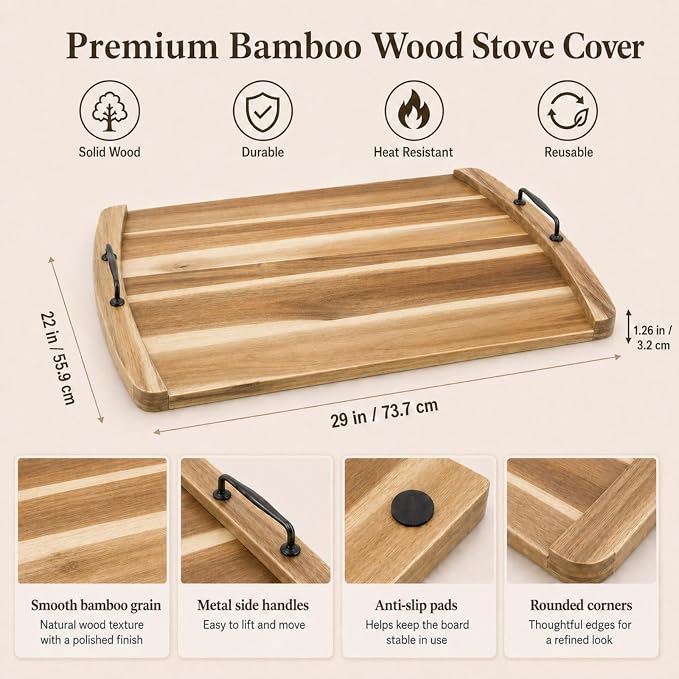DHARANA Gas Electric Stove Top Cover Wooden Board Burner Glass RV Stovetop | Acacia Wood Noodle Boards 29*22*1.26