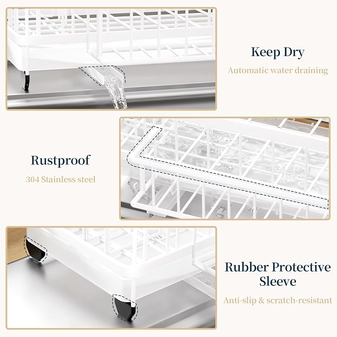 Consumest Sponge Holder for Kitchen Sink - Auto Draining Sink Caddy Organizer with Detachable Rack, High Brush Holder, Kitchen Countertop Storage Accessories, White