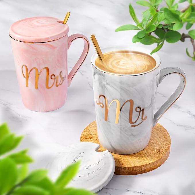Biching Wedding Gifts for Couples 2026, Bridal Shower Engagement Gift | Gifts for Anniversary Bride and Groom, 14oz Ceramic Mr and Mrs Mug Set with Real Gold Foil, Greeting Card, Gift Box
