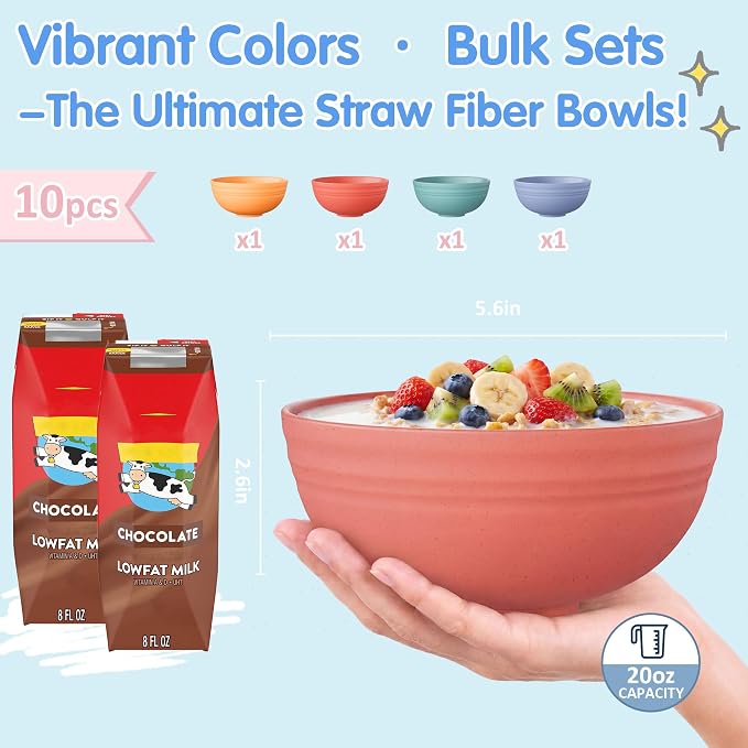 Quatish 10 PCS Unbreakable Cereal Bowls,Dishwasher & Microwave Safe Wheat Straw Bowls, Easy-to-Clean Lightweight Desserts & Soup Bowl, Portable for Picnics ，Snack Plastic Bowls Set，Multi-Color