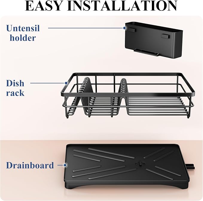 SNTD Dish Drying Rack for Kitchen Counter, 11.8" W x 16.7" L, Black | Rustproof Stainless Steel, Large Capacity, Self-Draining Drainboard, Rotating Spout, Removable Utensil Holder