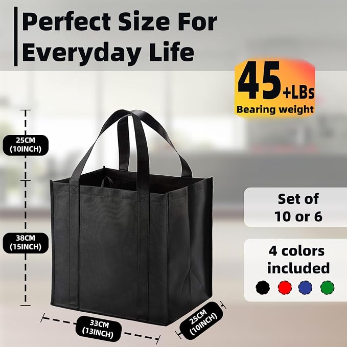 10 pack Reusable Grocery Bags,Thick Bottom-Shopping Bag for Groceries | Heavy Duty Large Shopping Totes,Reusable Bags With Handles ,Foldable,Washable ,Load Capacity Over 45 Pounds