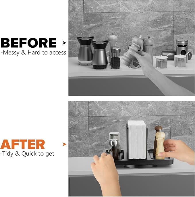 Rotating Napkin Holder for Table with Salt Pepper Shakers Caddy, Black | Bamboo Standing Napkin Dispenser, Metal Paper Napkin Storage for Bathroom Home Kitchen Farmhouse Decor Not Including Shakers