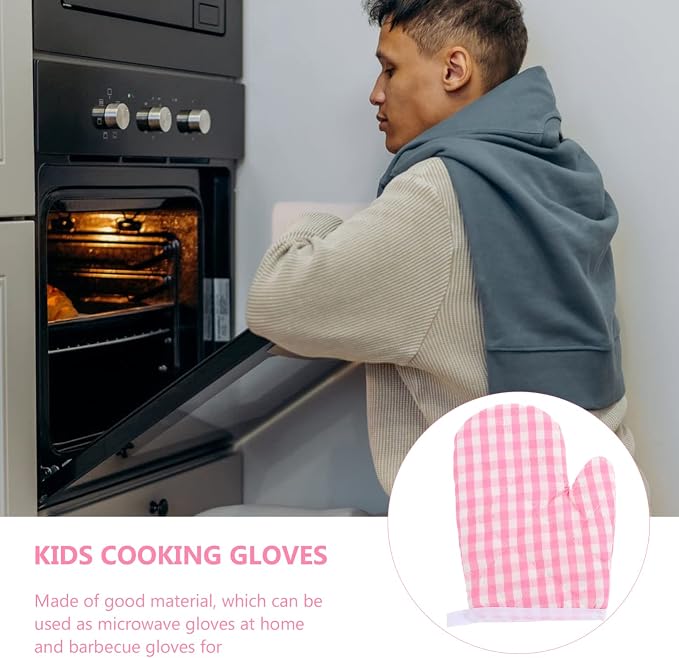 2Pcs Oven Mitts for Play Kitchen, Anti- Scald Gloves Microwave Oven Gloves Kitchen Mitts for Safe Baking Cooking (Pink Checkered)