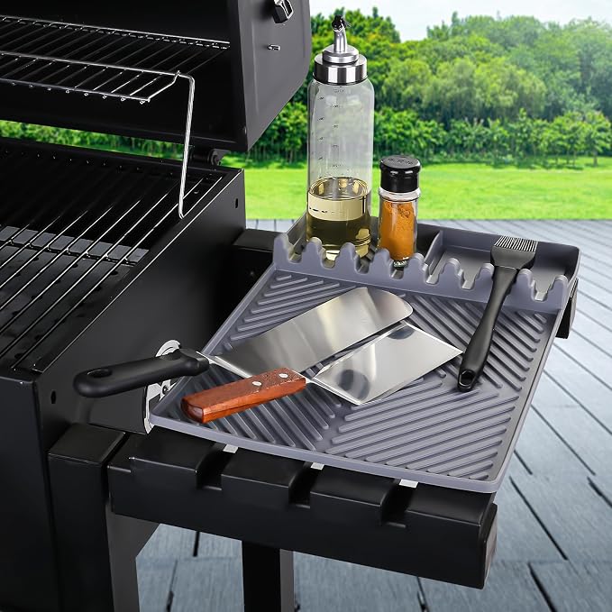 Find law Silicone Tools Mat for Griddle & Kitchen Countertop | Grey Side Shelf Spatula Mat with Drip Pad for Blackstone Weber Traeger Pit Boss Flat Top Grill Smoker, BBQ Gifts for Men