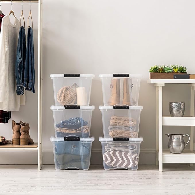 IRIS USA 4-Pack 32 Quart Storage Bins with Lids, Clear | Transparent design makes contents easy to find. Great for linens, décor, closet storage, and supplies. Nestable design saves