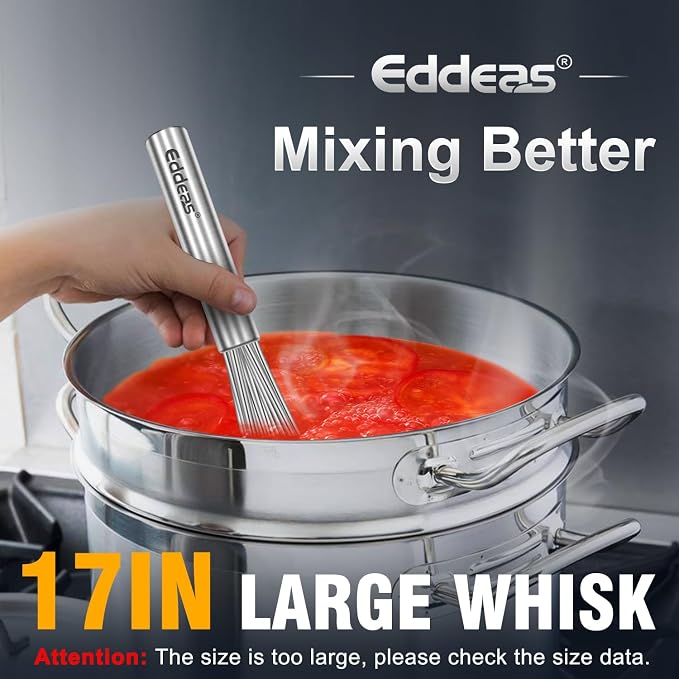 Eddeas 17in/43cm Extra Large Whisk,5Ib Heavy Duty Whisk, 2.4mm Wire Whisk Suitable for Mixing Thick batter and Large batch soup.Not suitable for individual small batch production(Silver)