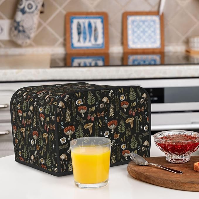 4 Slice Toaster Cover Vintage Mushroom Leaf Forest Dust Proof Washable Kitchen Appliance Cover with Pocket, Oxford Fabric Countertop Toaster Protector for Standard Toasters Small Appliances