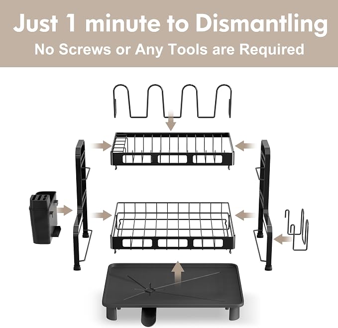 2 Tier Black Dish Drying Racks for Kitchen Counter with Drainboard | Large Stainless Steel Dish Drainer with Utensil Holder, Space Saving, Big Modern Countertop Metal Plate Dryer Strainer Rack