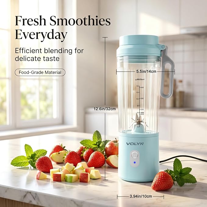 VOLYN Mini Electric Blender Smoothie Maker with Straw & Cleaning Brush | Mini Personal Blender for Fruit Drinks, Smoothies & Milkshakes, Compact Space-Saving Design for Kitchen and Office, Blue