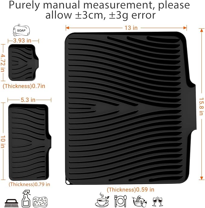 Silicone Dish Drying Mat for Kitchen counter | 15.8"x13" Dish Drainer Mat, Heat-Resistant Kitchen Counter Mat & Over-Sink Drying Tray, Can Be Hung, Black-1Set