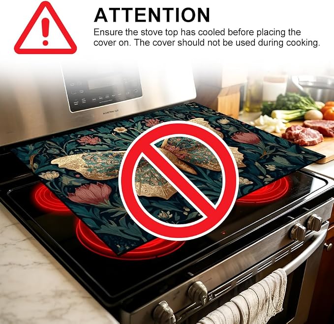 Vintage Butterfly Stove Top Cover for Electric Stove, 28x20 in | Heat-resistant non-slip mat holds hot cookware; glass cooktop protector, dish drying; boho floral botanical kitchen decor