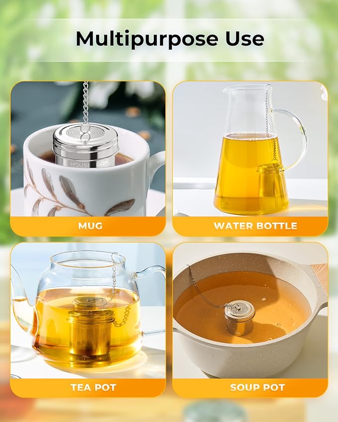HOUSE AGAIN Tea Infuser, Extra Fine Mesh Tea Strainers for Loose Tea, 18/8 Stainless Steel Tea Strainer with Extended Chain Hook, Tea Steeper for Brew Tea, Spices & Seasonings for Single Cup, 1 Pack