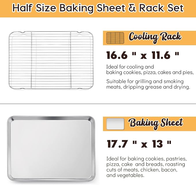 E-far Cookie Sheet with Rack Set, 18”x13” Baking Pan for Oven Roasting | Stainless Steel Half Sheet Rimmed Tray with Wire Cooling Rack, For Cooking Broiling Bacon Meat Steak, Dishwasher Safe
