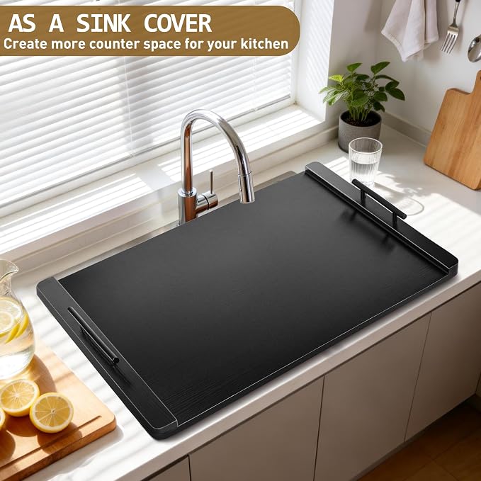Noodle Board Stove Cover with Handles, Wood Stove Top Covers for Electric Stove and Gas Burners, Wooden Decorative Serving Tray Kitchen Sink Cover for Counter Space (Black)