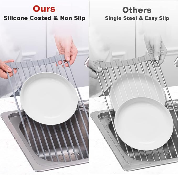 MERRYBOX Roll Up Dish Drying Rack, Over The Sink Dish Rack Foldable, Heat-Resistant, Anti-Slip Silicone Coated Dish Drainer for Kitchen Counter, Large & Multipurpose Sink Drying Rack, 20.5" x 13.1"