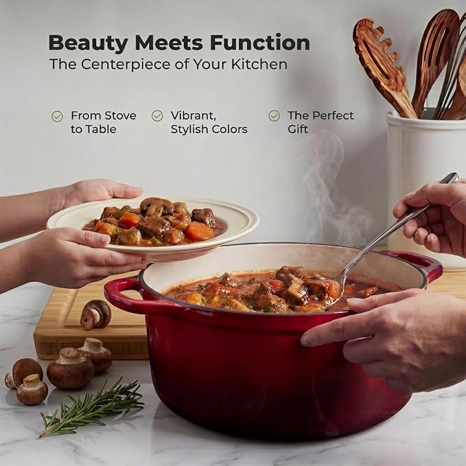 Zulay Kitchen 6.4QT Enameled Cast Iron Dutch Oven Pot with Lid, Heavy-Duty Soup Pot for Stews, Braising, Roasting & Sourdough Bread Baking, Oven Safe up to 500°F – Garnet